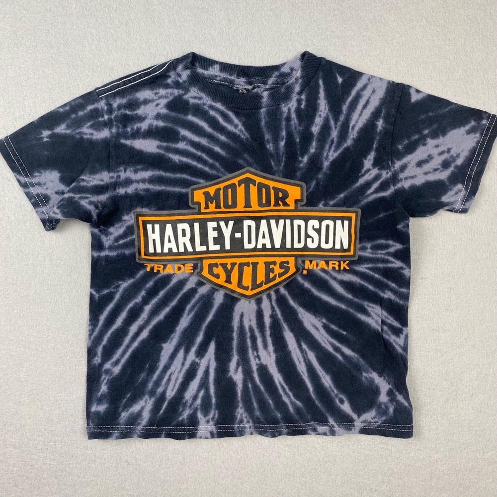 Harley-Davidson Kids Tie Dye Graphic T-Shirt Black Grey Orange Logo Tee